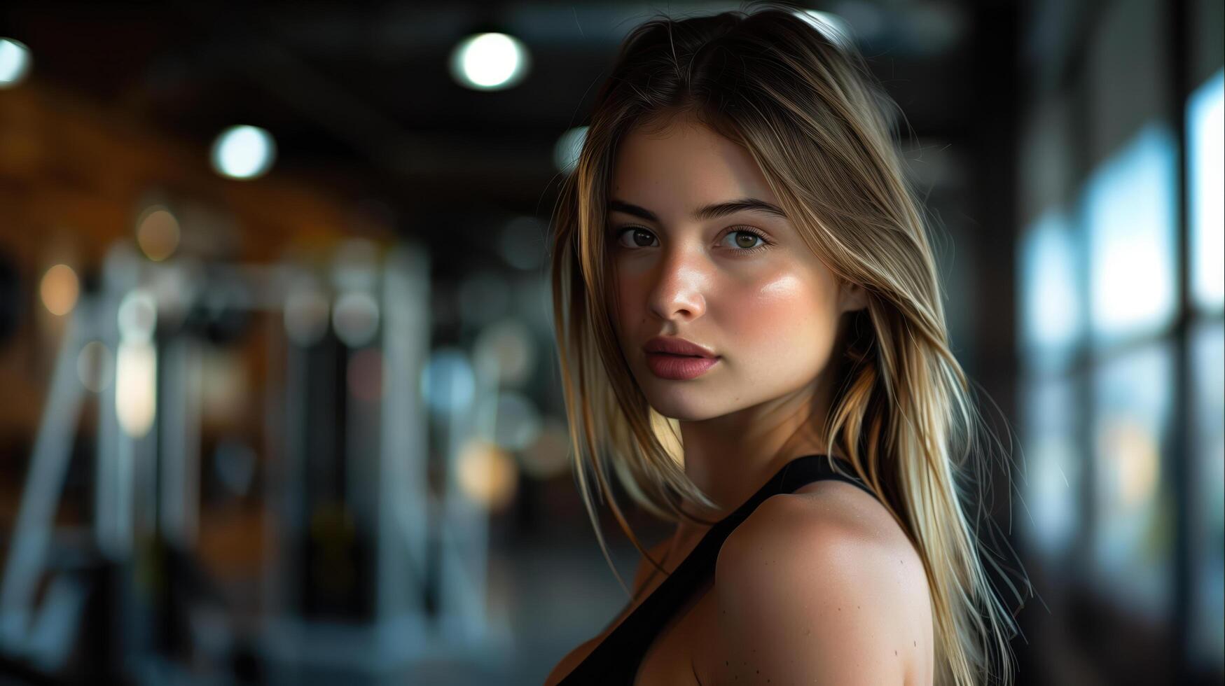 Beautiful Woman in Gym with Natural Lighting and Soft Focus Background photo