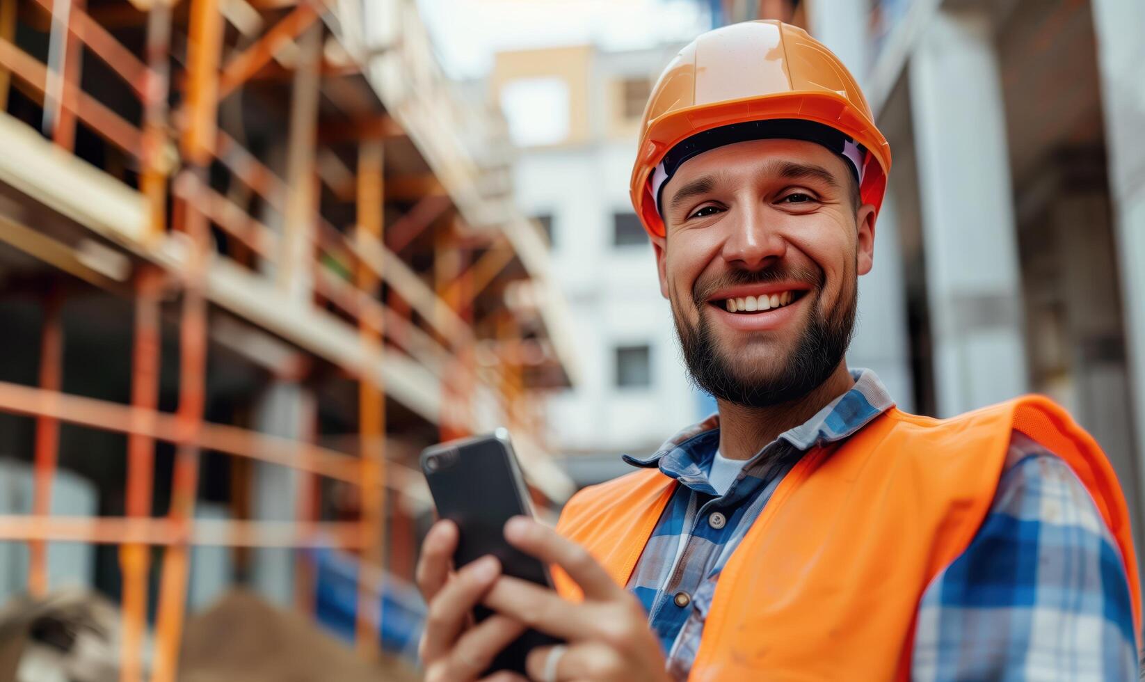Smiling Male Construction Worker Using Smartphone on Job Site photo