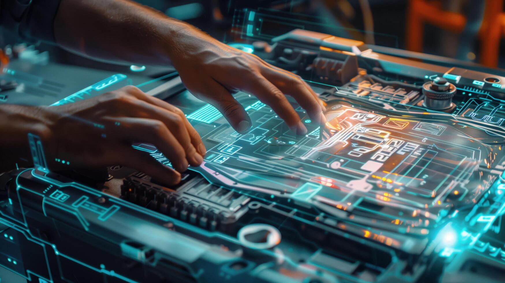 Close-Up of Hands Working on a Futuristic Circuit Board with Holographic Elements photo