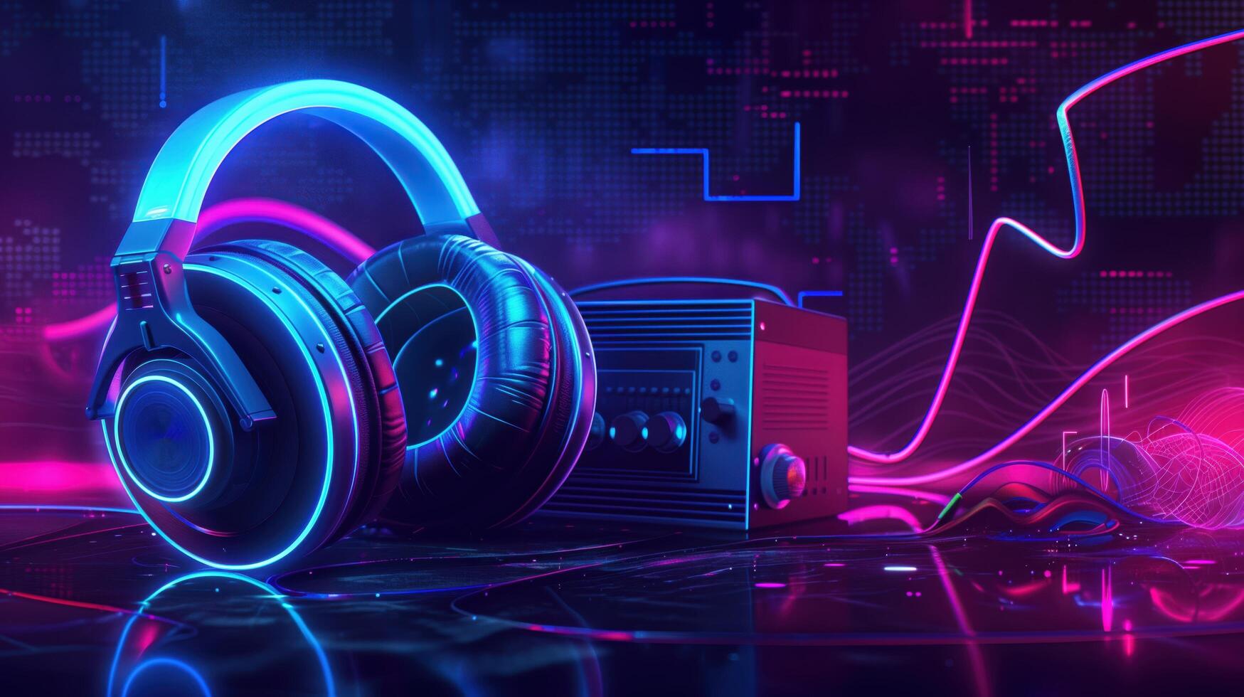 Futuristic 3D Rendering of Glowing Headphones and Audio Equipment in Neon Lights photo