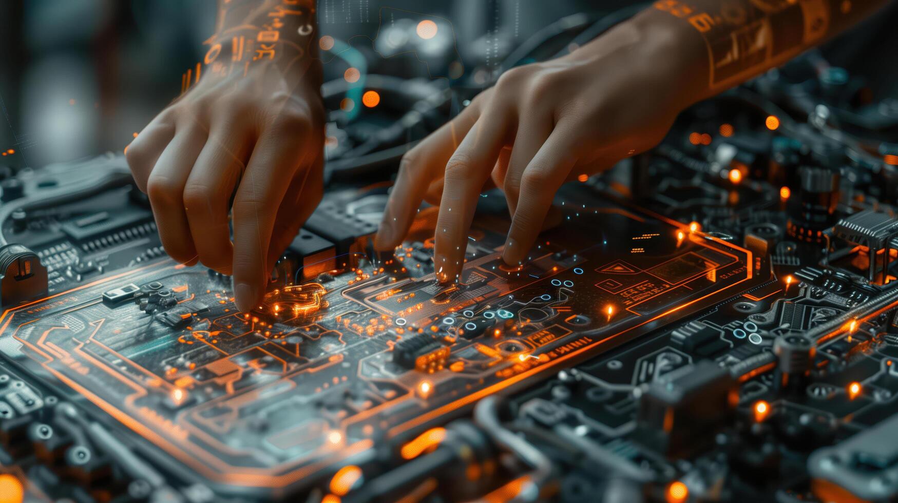 Close-Up of Hands Working on Futuristic Circuit Board with Glowing Elements photo