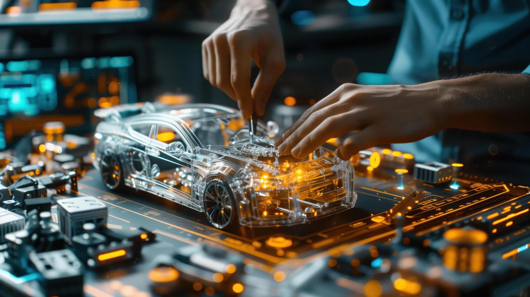 Close-Up of Hands Working on High-Tech Car Model in Futuristic Workshop photo