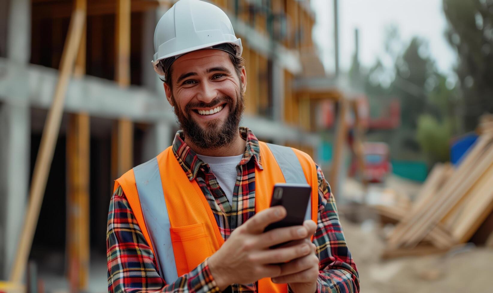 Smiling Male Construction Worker Using Smartphone at Building Site photo