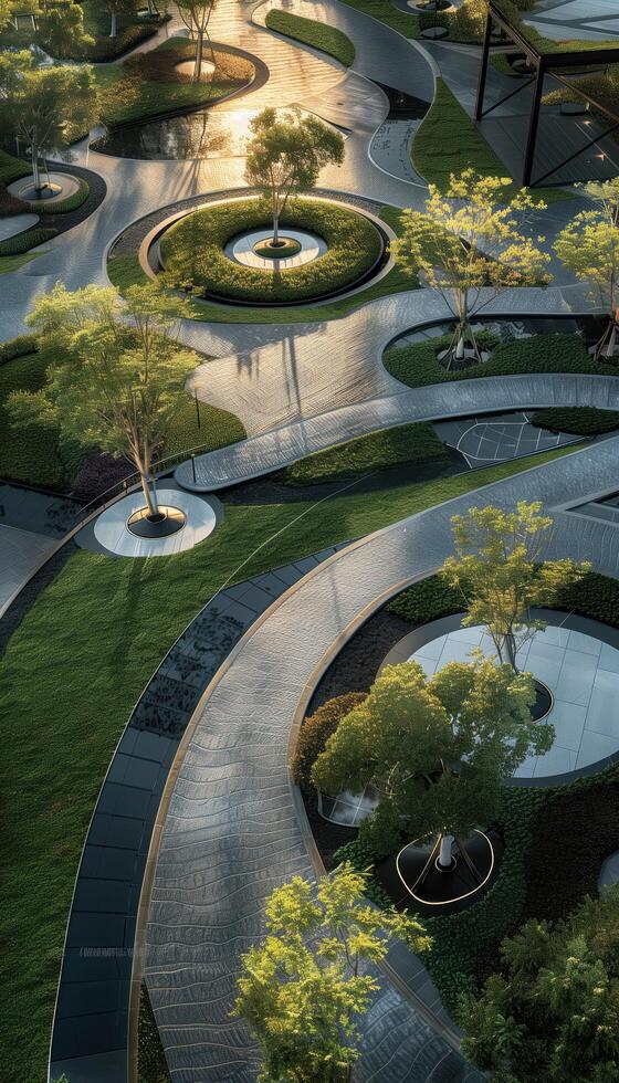 Bird's-Eye View of Modern Chinese Landscape Design with Winding Paths and Trees photo
