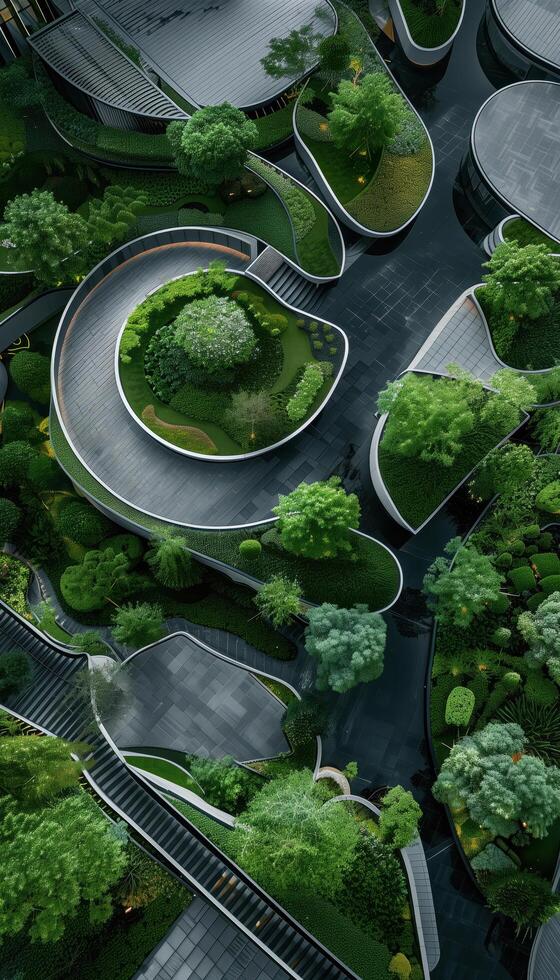 Bird's Eye View of Modern Chinese Landscape With Lush Greenery and Architectural Design photo