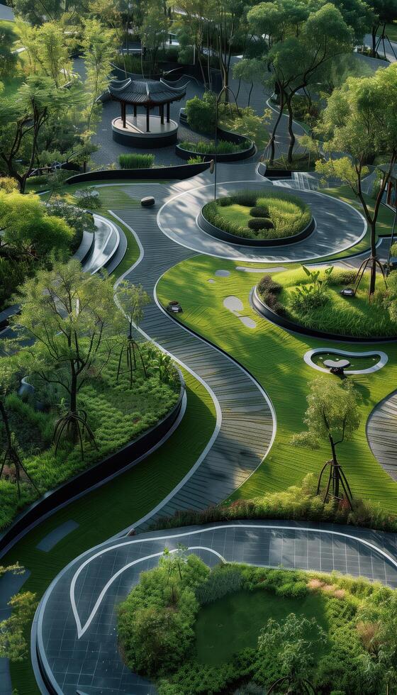 Bird's-Eye View of a Modern Chinese Landscape Garden with Greenery and Pathways photo