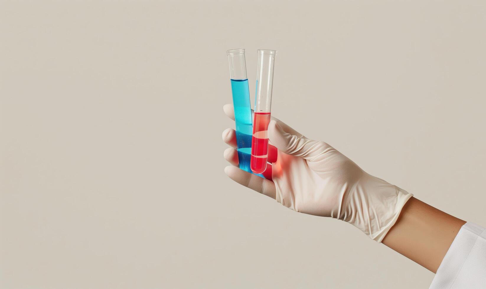 Hand in Medical Glove Holding Test Tubes with Blue and Red Liquid for Scientific Research photo