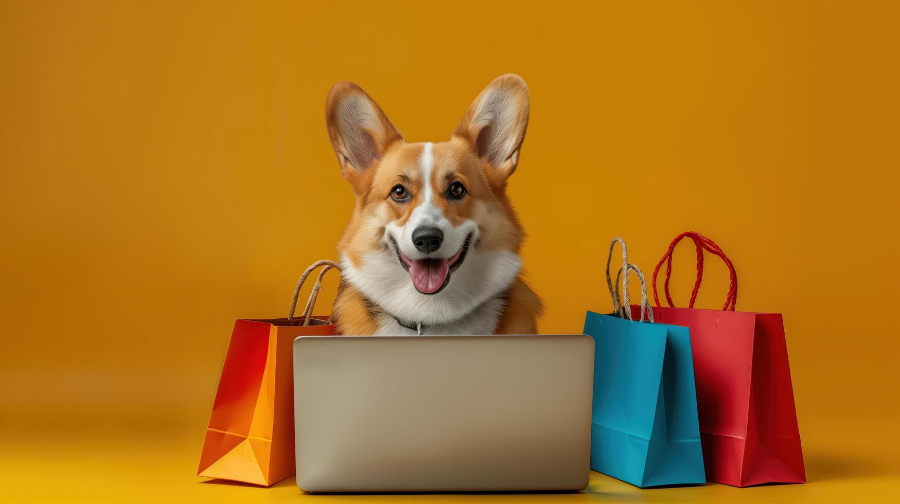 Cute Corgi Dog Online Shopping with Laptop and Shopping Bags on Yellow Background photo
