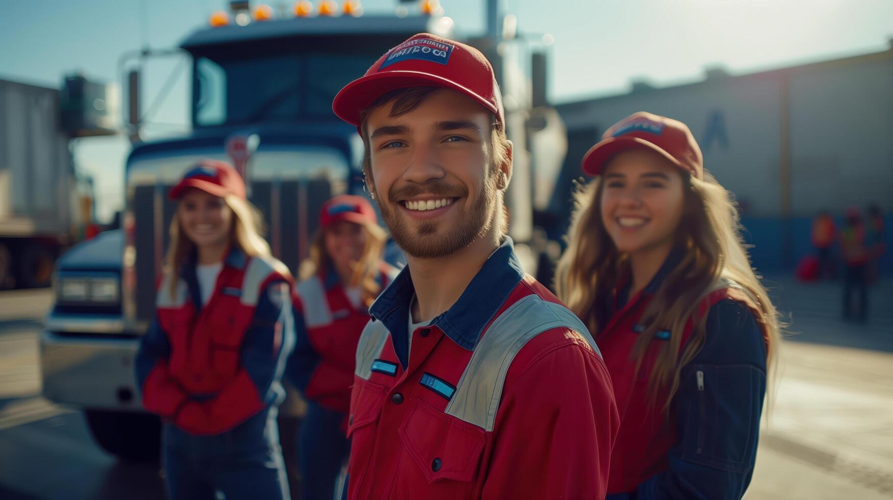 Group of Young Smiling Workers in Uniform Standing in Front of Truck Outdoors photo