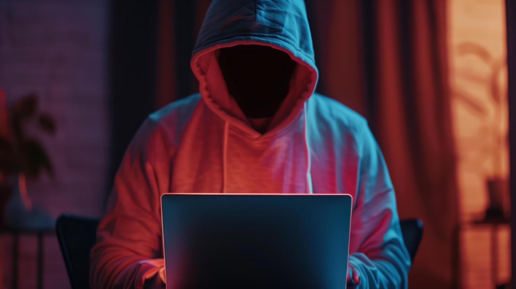Hacker in Dark Hoodie Surrounded by Shadows Working on Laptop at Night photo