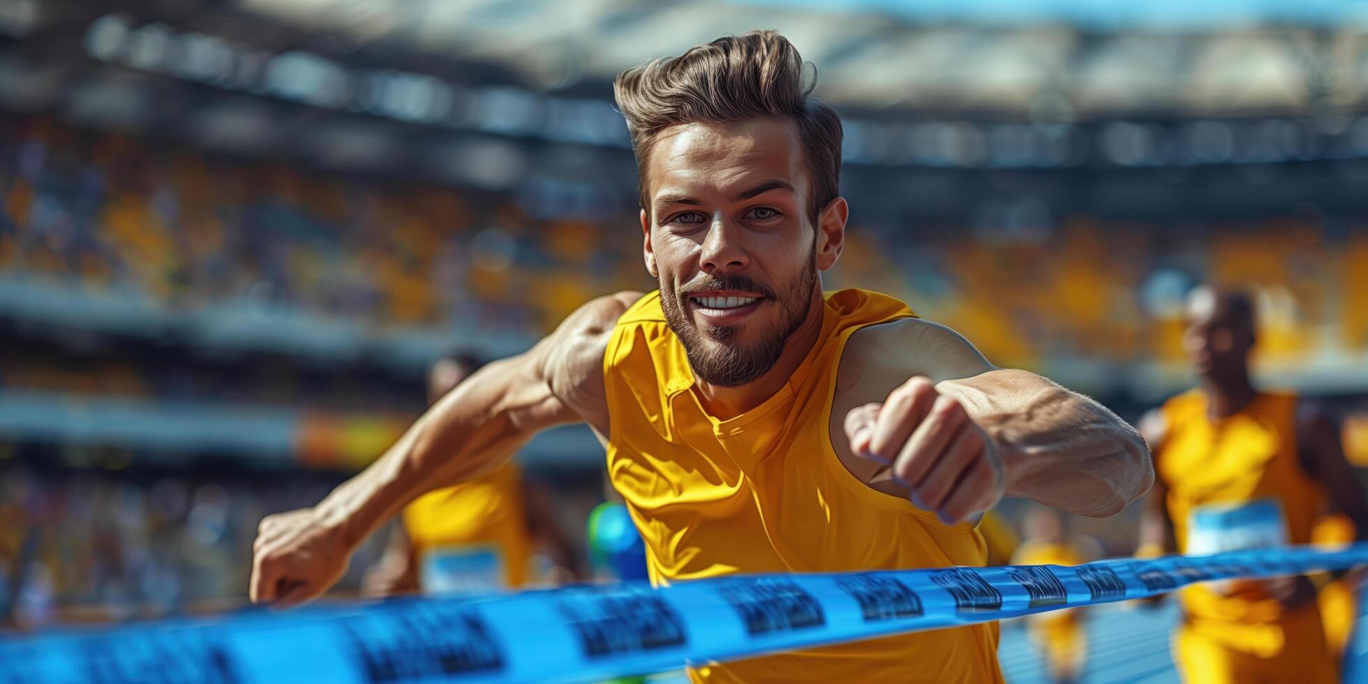Triumphant Athlete Crossing Finish Line in Stadium During Marathon Race photo