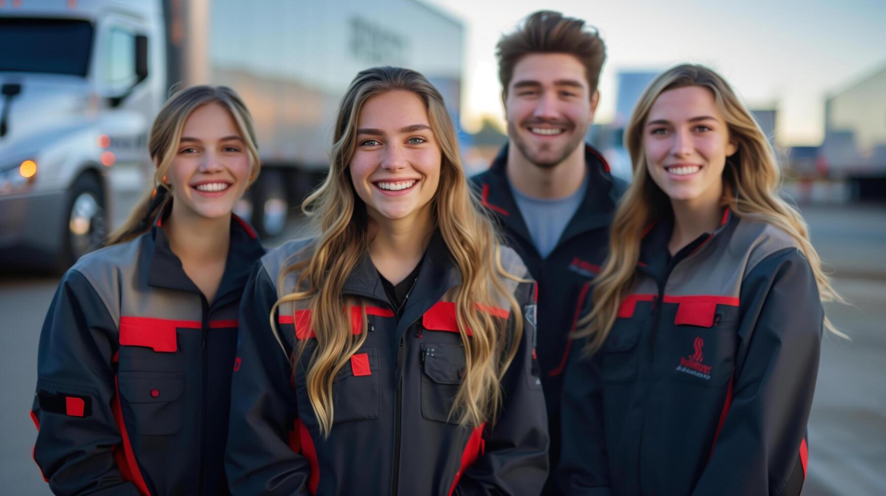 grupo de joven sonriente trabajadores en uniformes por camiones en un logística centrar foto