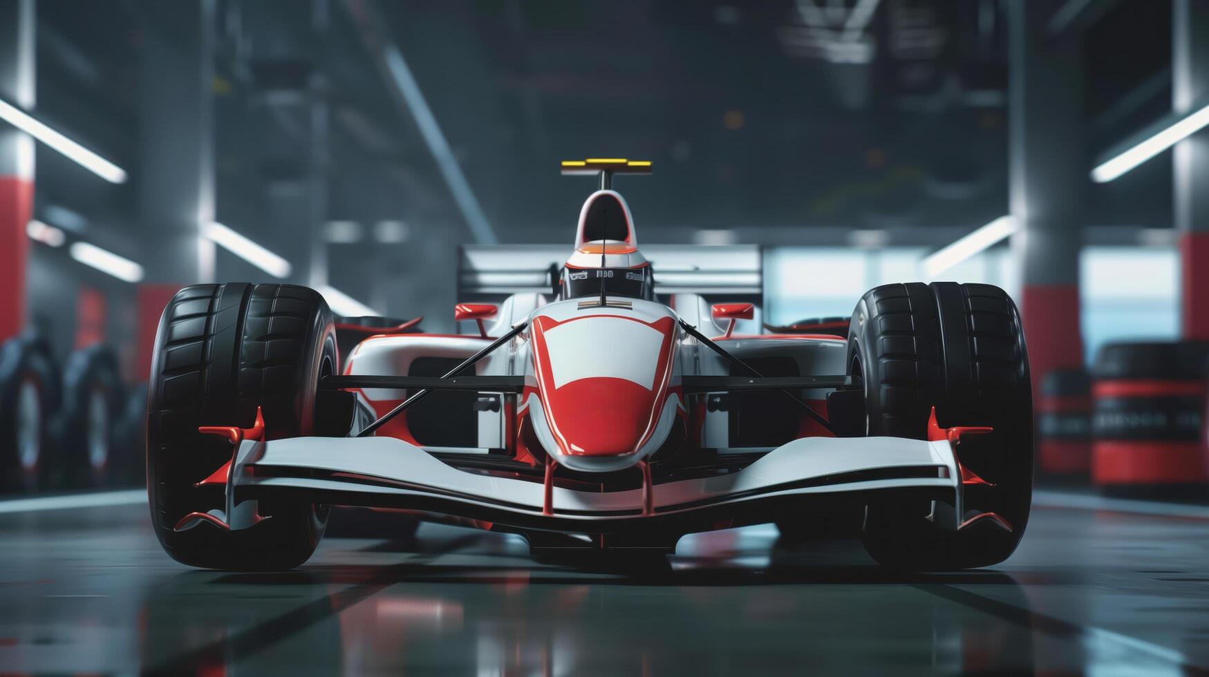Front View of a Red and White Formula 1 Car in a Modern Garage photo