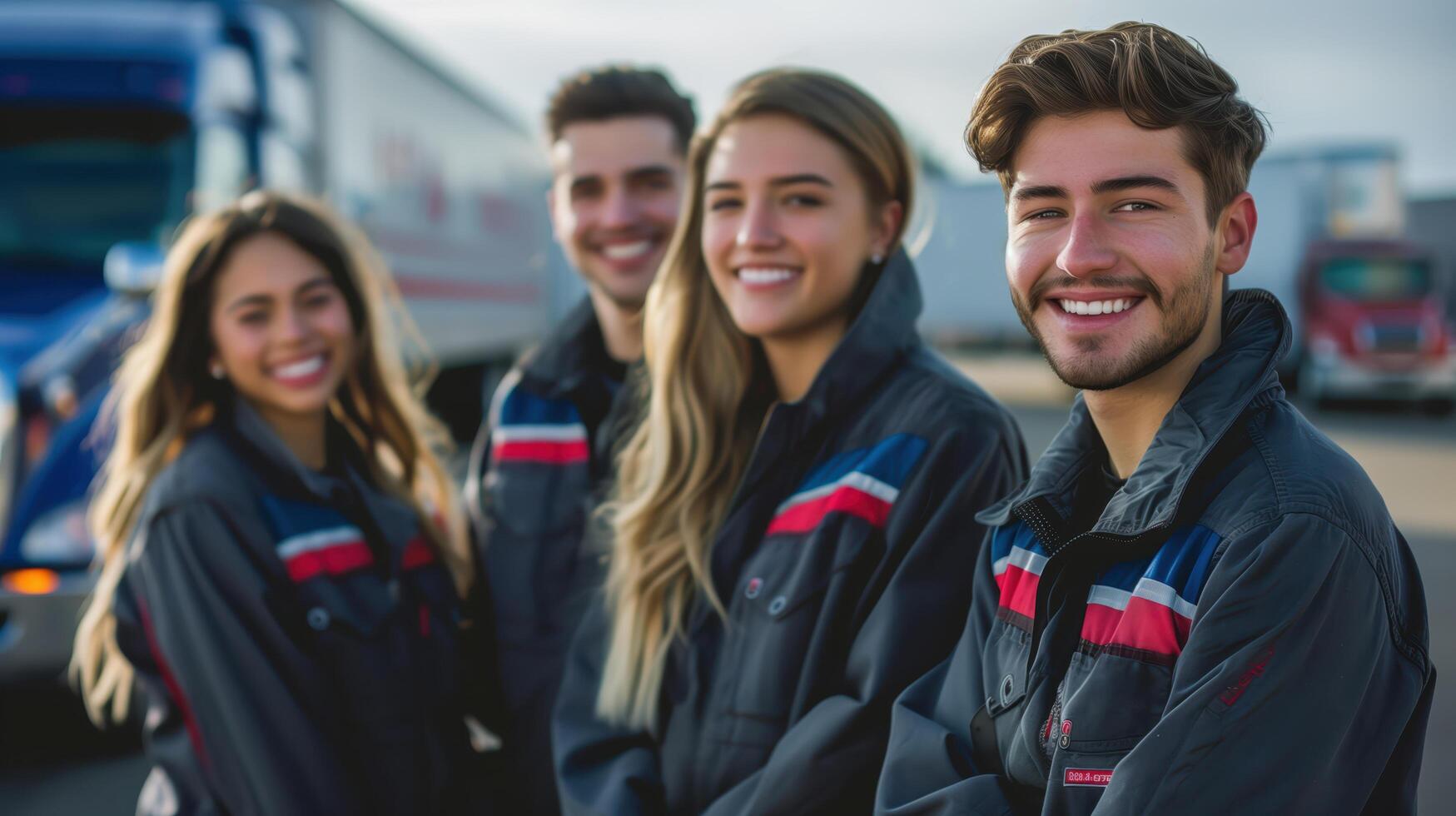 Group of Young Smiling Workers in Uniform Standing Outside photo