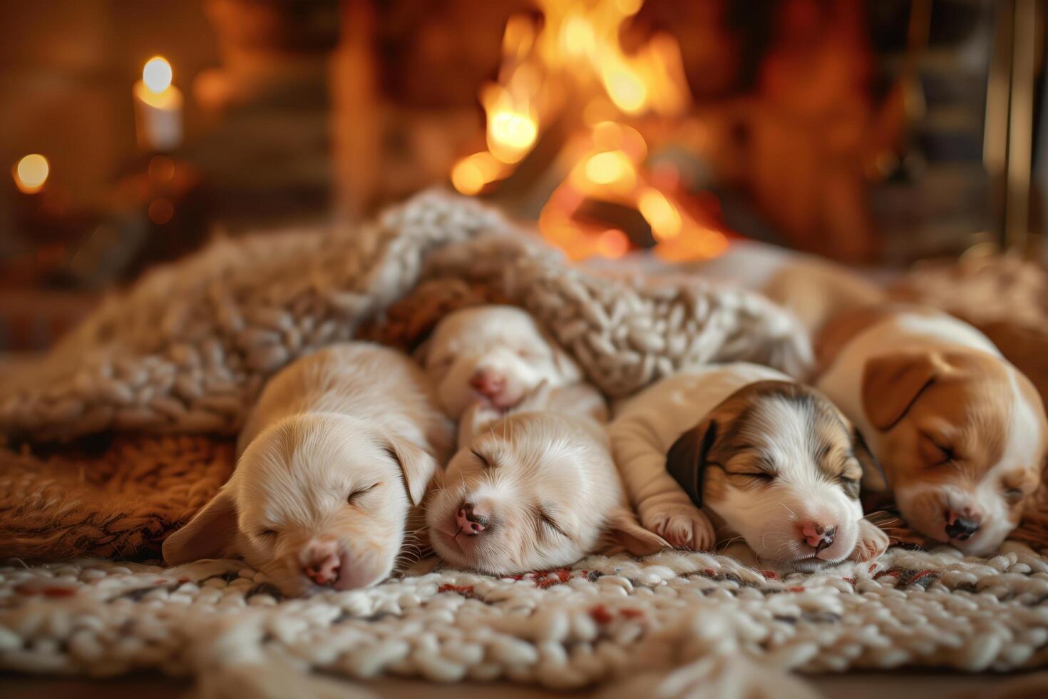 Cute Puppies Sleeping by the Cozy Fireplace with Warm Knitted Blankets photo