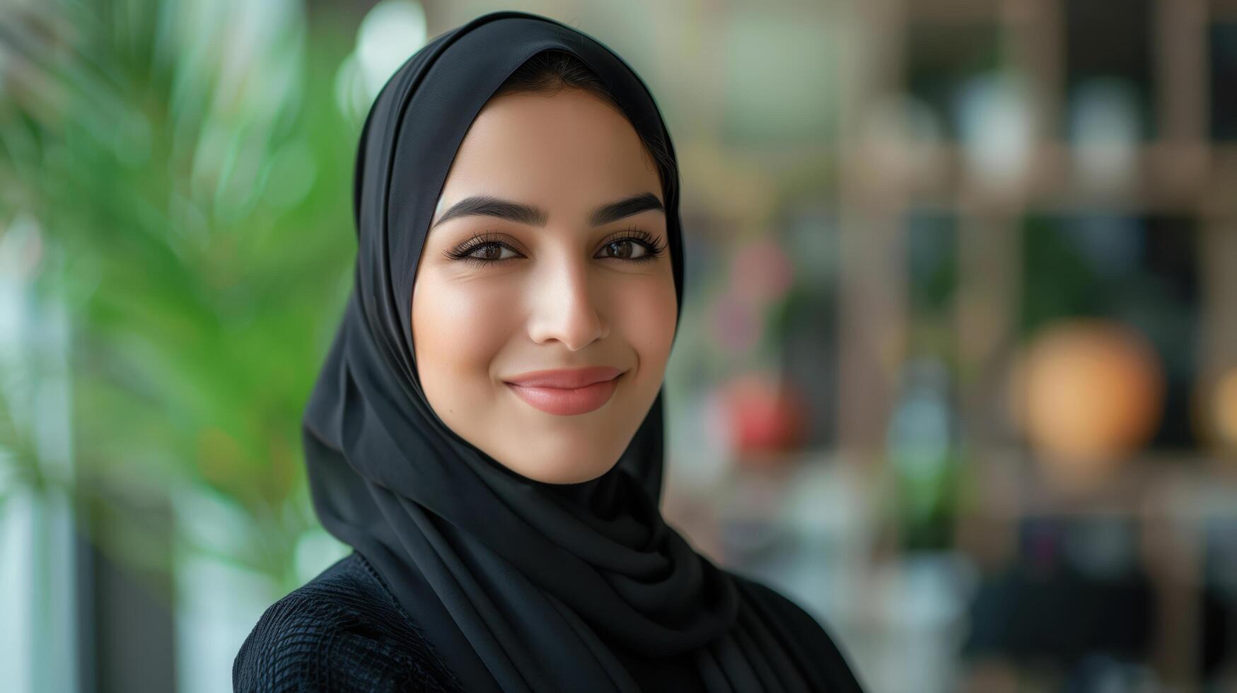 Smiling Saudi Woman in Hijab, Exuding Confidence and Happiness Indoors photo