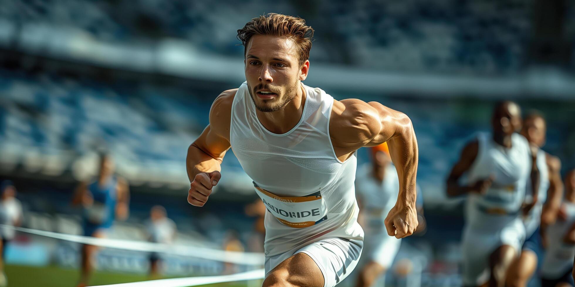Dynamic Athlete Sprinting in Stadium Race with Intense Focus and Power photo