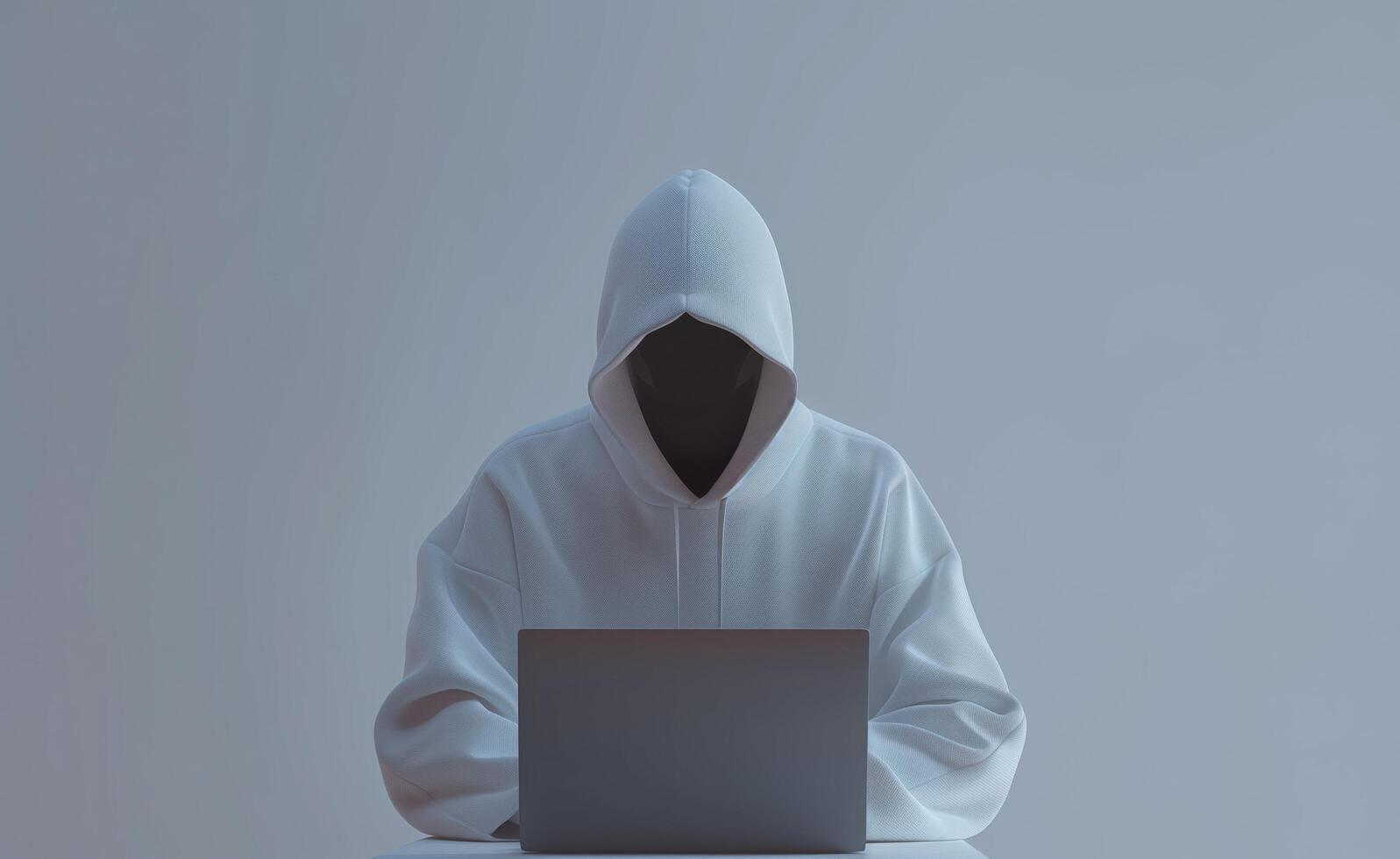 Mysterious Person in White Hoodie Using Laptop for Online Activity in Minimalist Setting photo