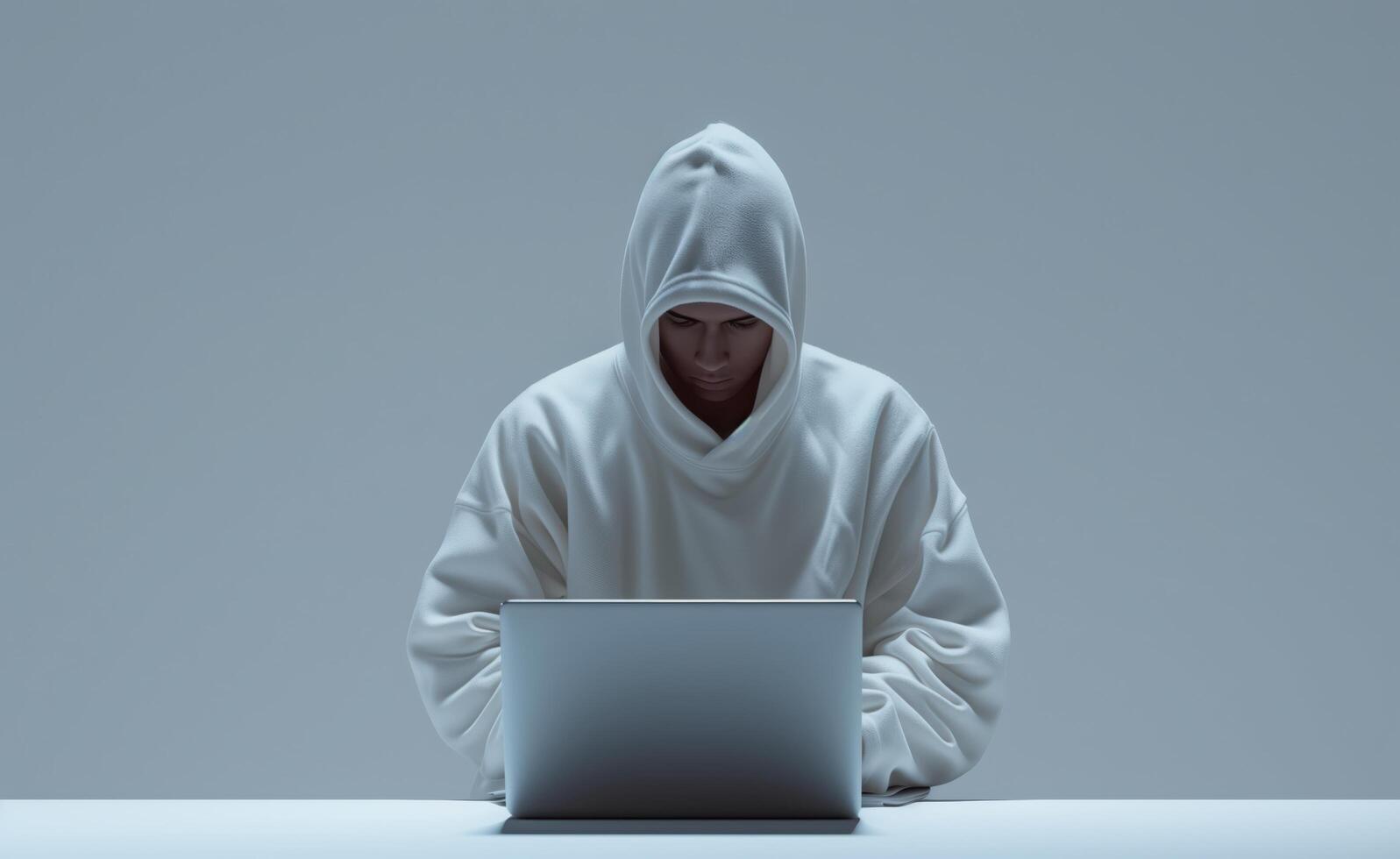 Person in White Hoodie Working on Laptop, Cybersecurity Concept photo