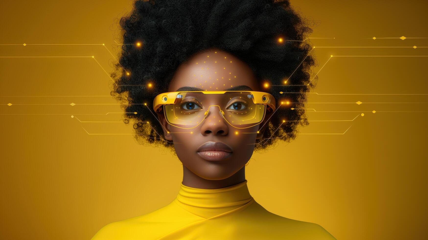 Futuristic Portrait of Young Woman Wearing VR Glasses with Yellow Background photo