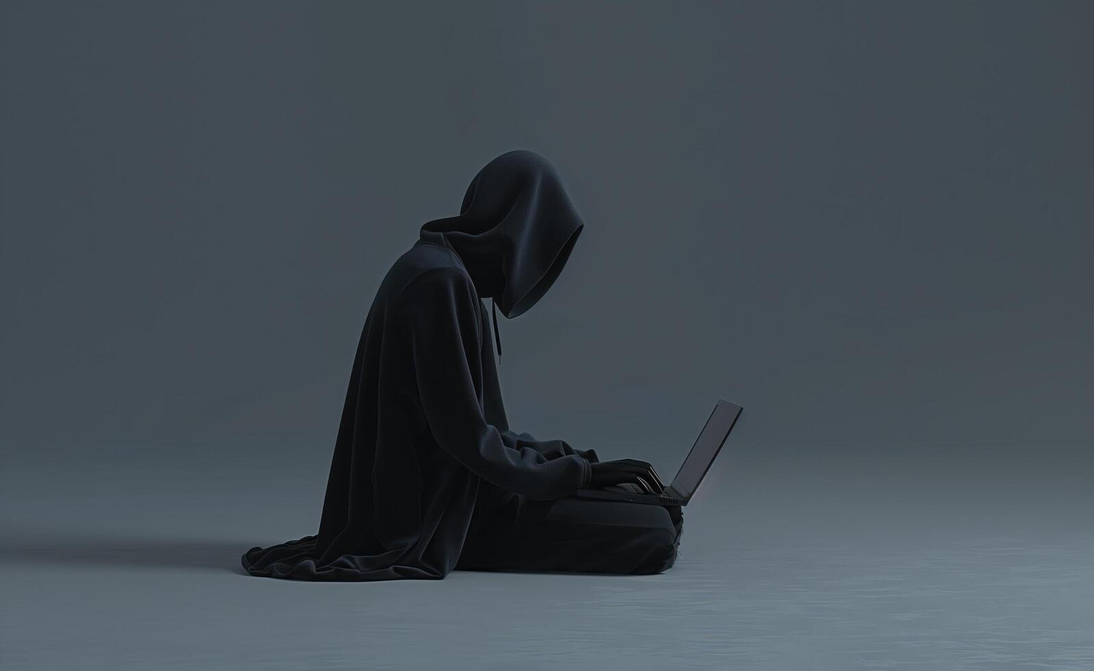 Mysterious Figure in Black Hoodie Using Laptop in Dark Environment photo