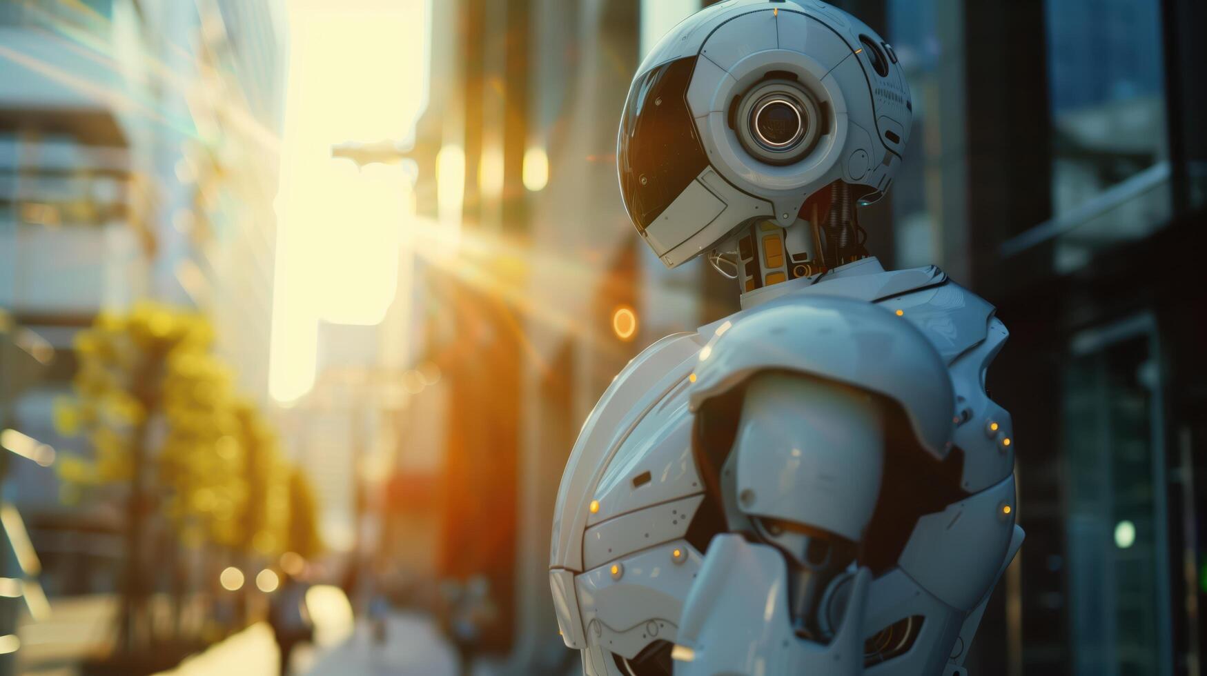Humanoid Robot Powered by Artificial Intelligence in Urban Setting at Sunset photo