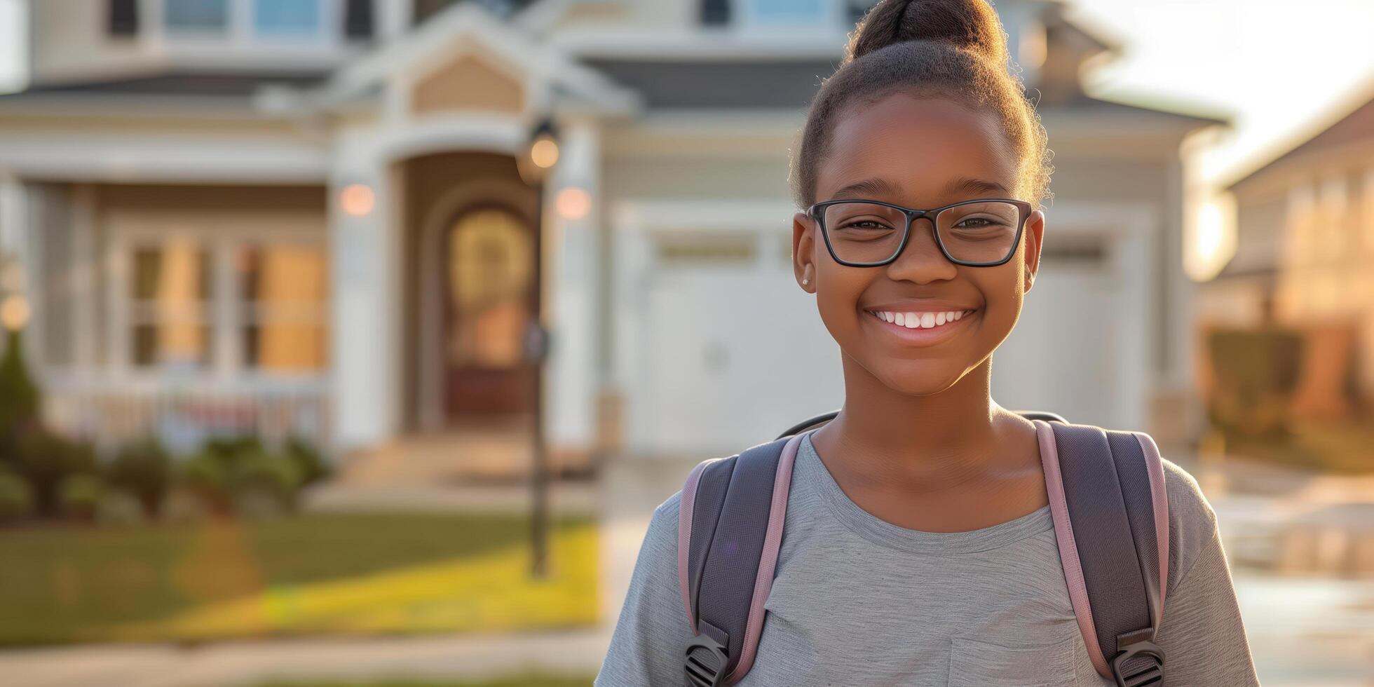 Happy Smiling African American Girl with Glasses, Backpack, and Bun in Front of House photo