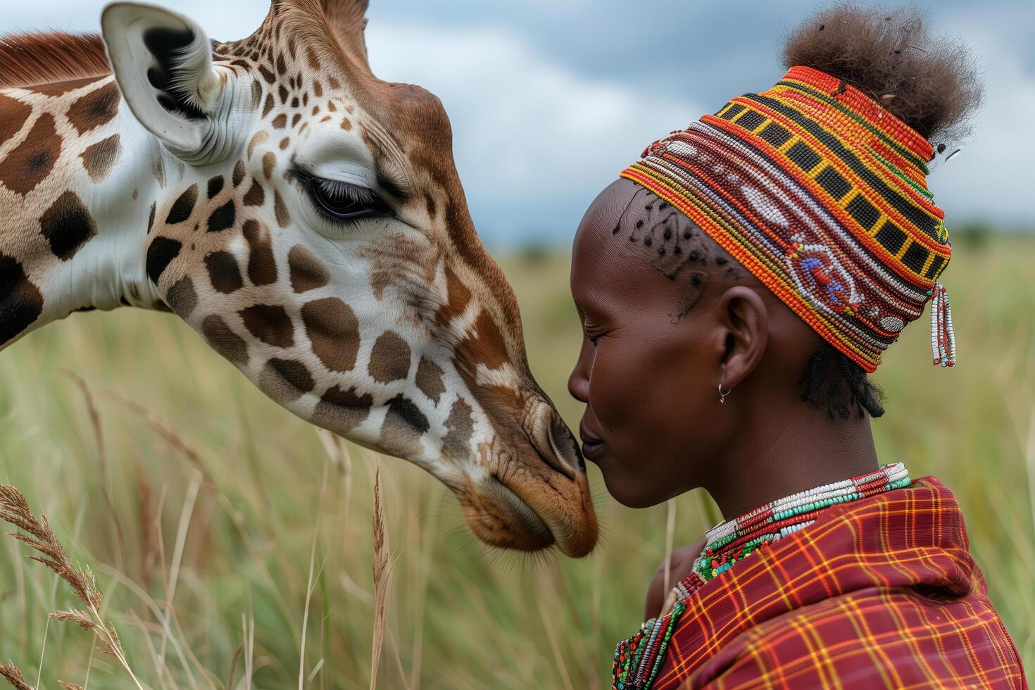 Kenyan Native in Traditional Attire Pets a Gentle Giraffe in Natural Habitat photo