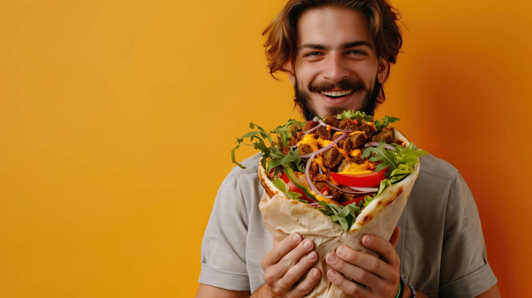 Smiling Man Holding a Delicious Wrap with Colorful Vegetables and Meat Against Orange Background photo