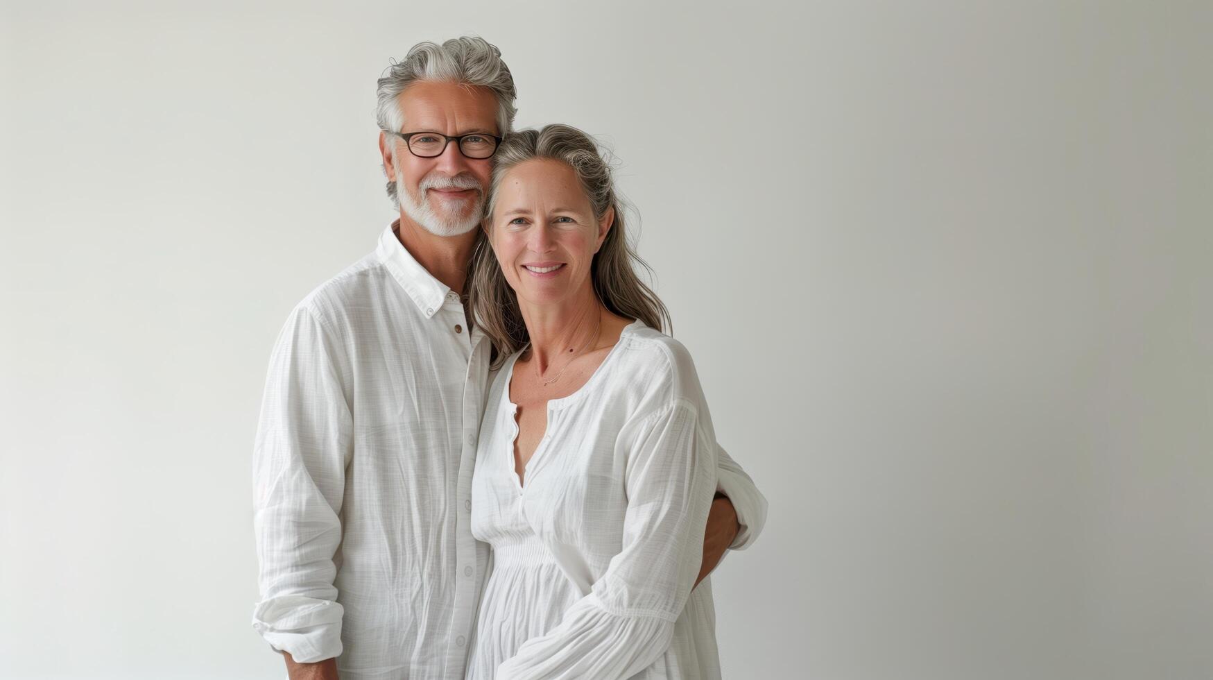 Middle-Aged Couple Smiling and Holding Hands Against a Neutral Background photo