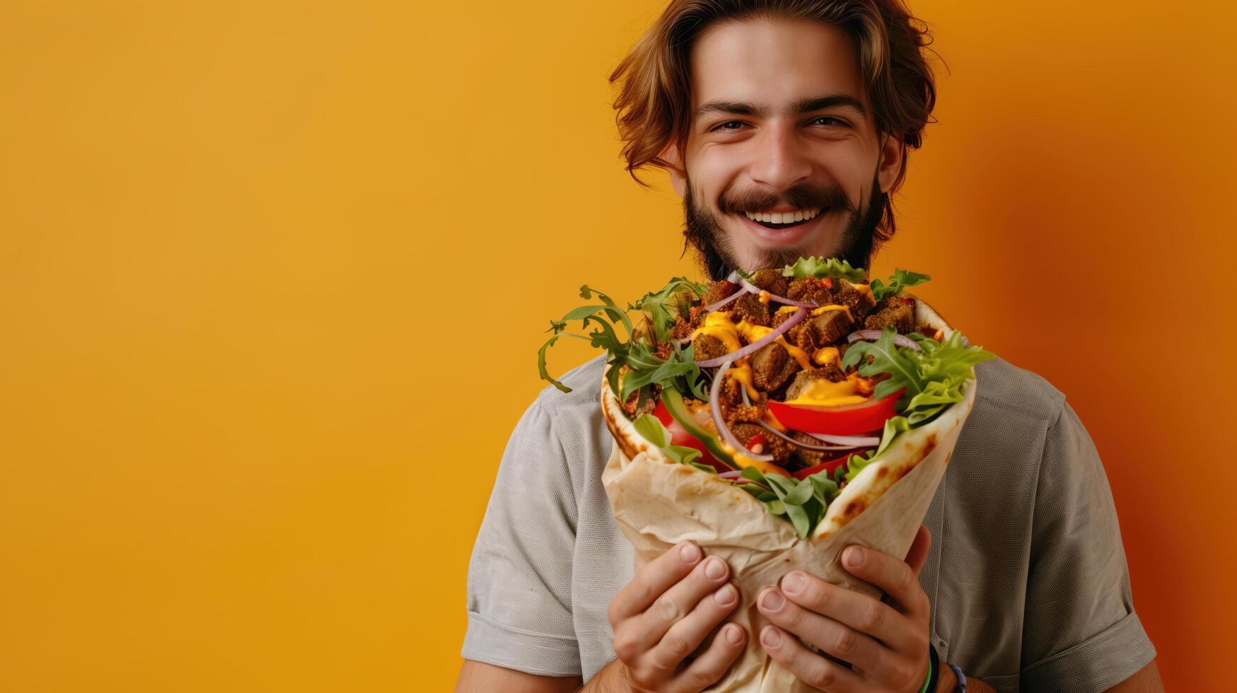Happy Man in Summer Clothes Holding a Delicious Shawarma Against Orange Background photo