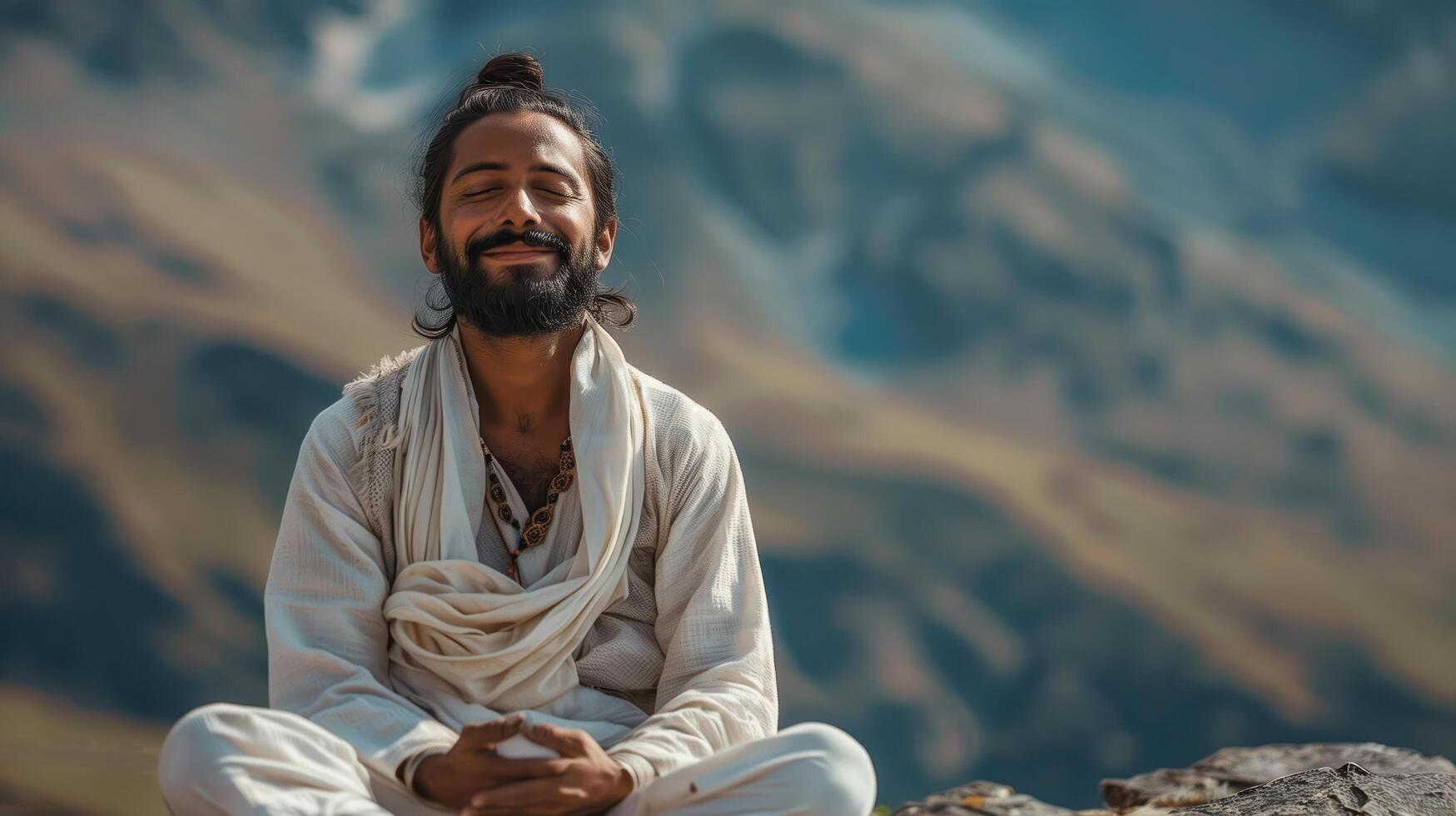 Serene Indian Yogi Meditating Outdoors in Scenic Mountain Landscape photo