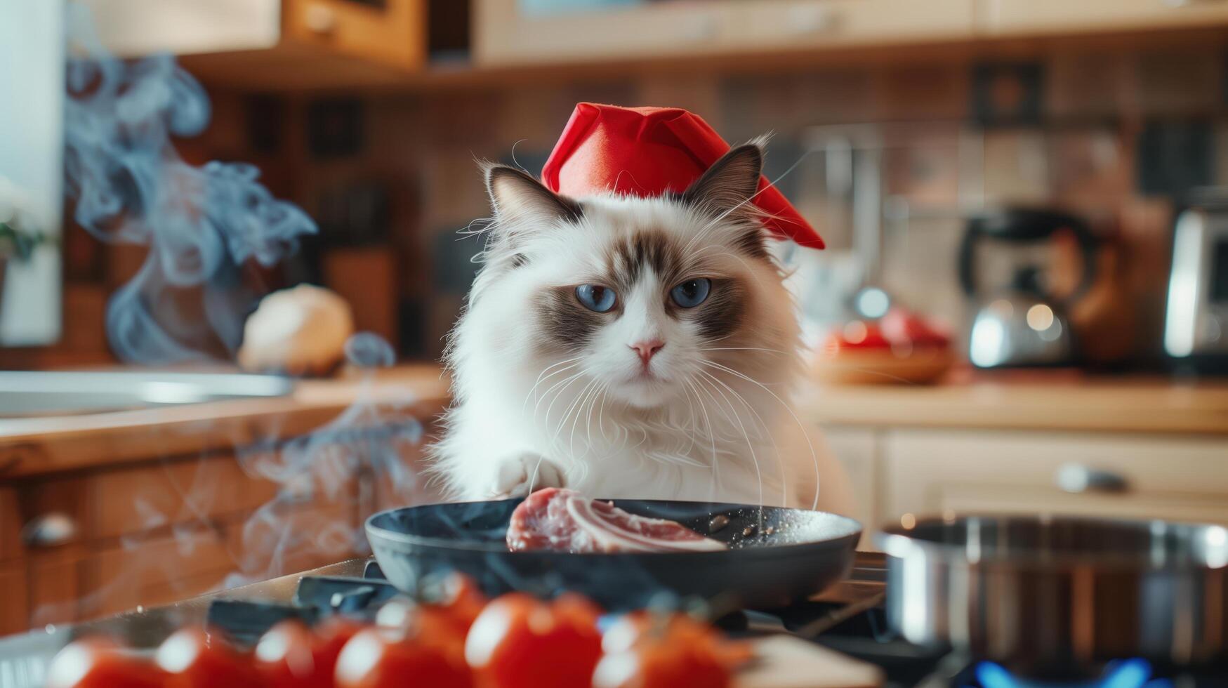 Cute Ragdoll Cat Wearing Chef Hat Cooking in Kitchen with Smoke photo