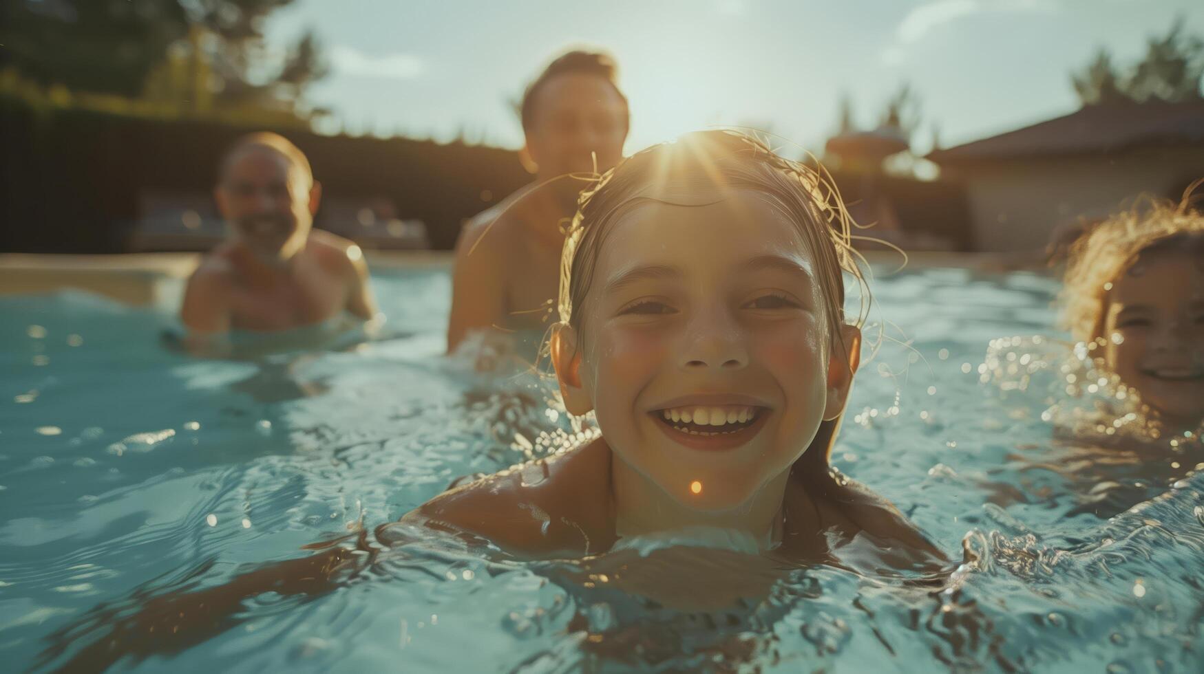 Multi-Generation Family Enjoying Fun Pool Time Together on a Sunny Day photo