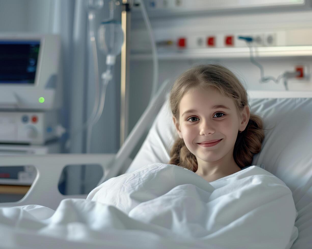 Photorealistic Image of a Young Girl Smiling in a Hospital Bed photo