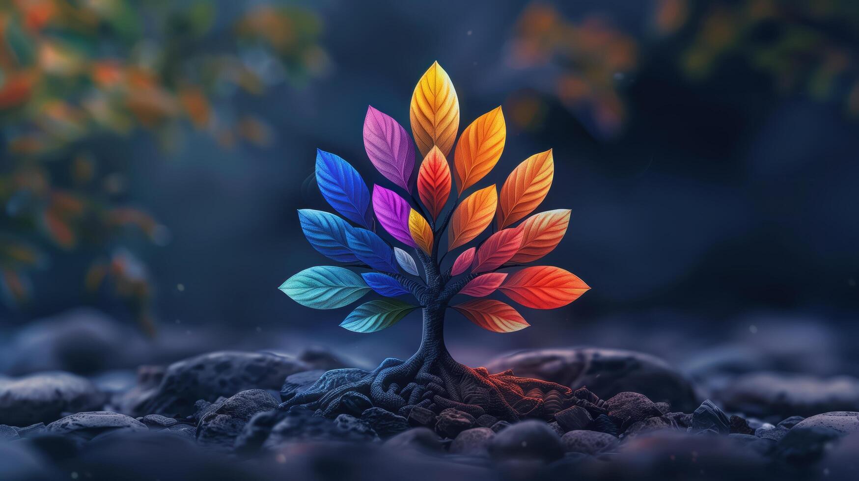 Colorful Artistic Concept Tree With Seven Multicolored Leaves in Dreamlike Setting photo