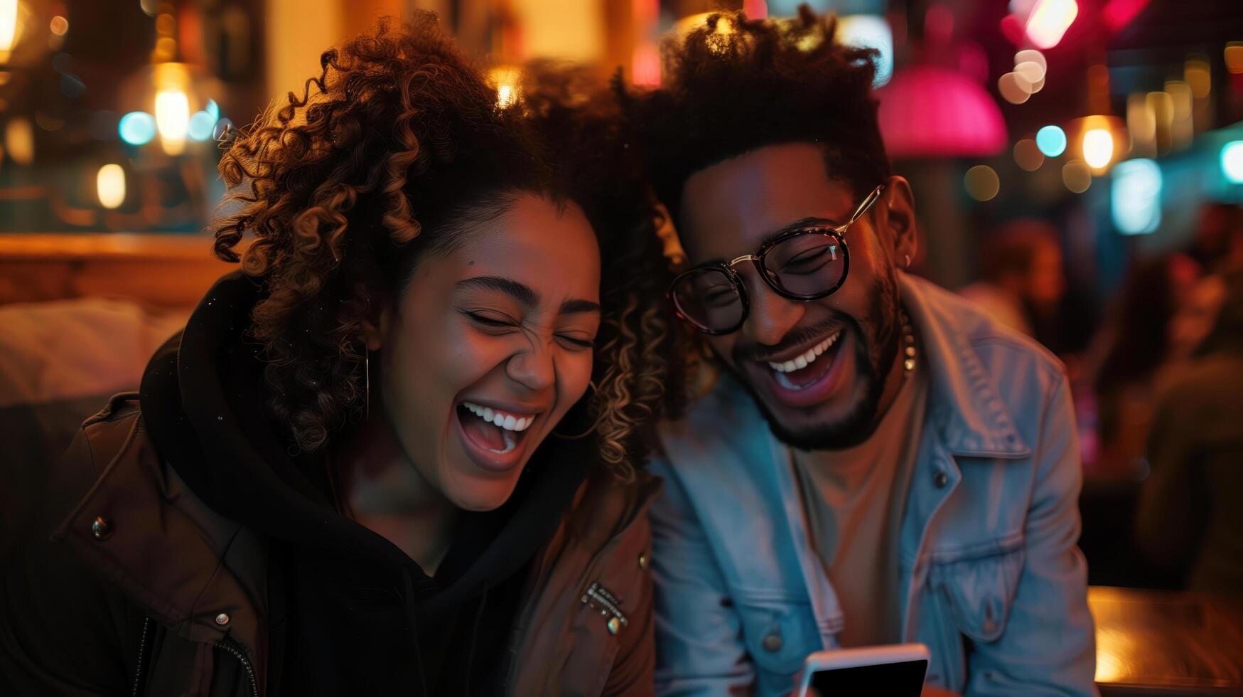 Happy Friends Laughing Together at a Cozy Bar in the Evening photo