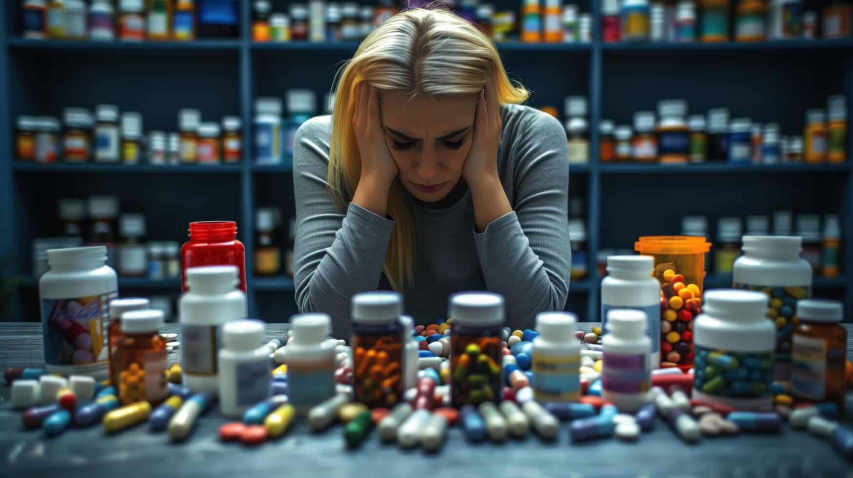 Stressed Woman Sitting in Front of Numerous Medication Bottles in a Pharmacy Setting photo
