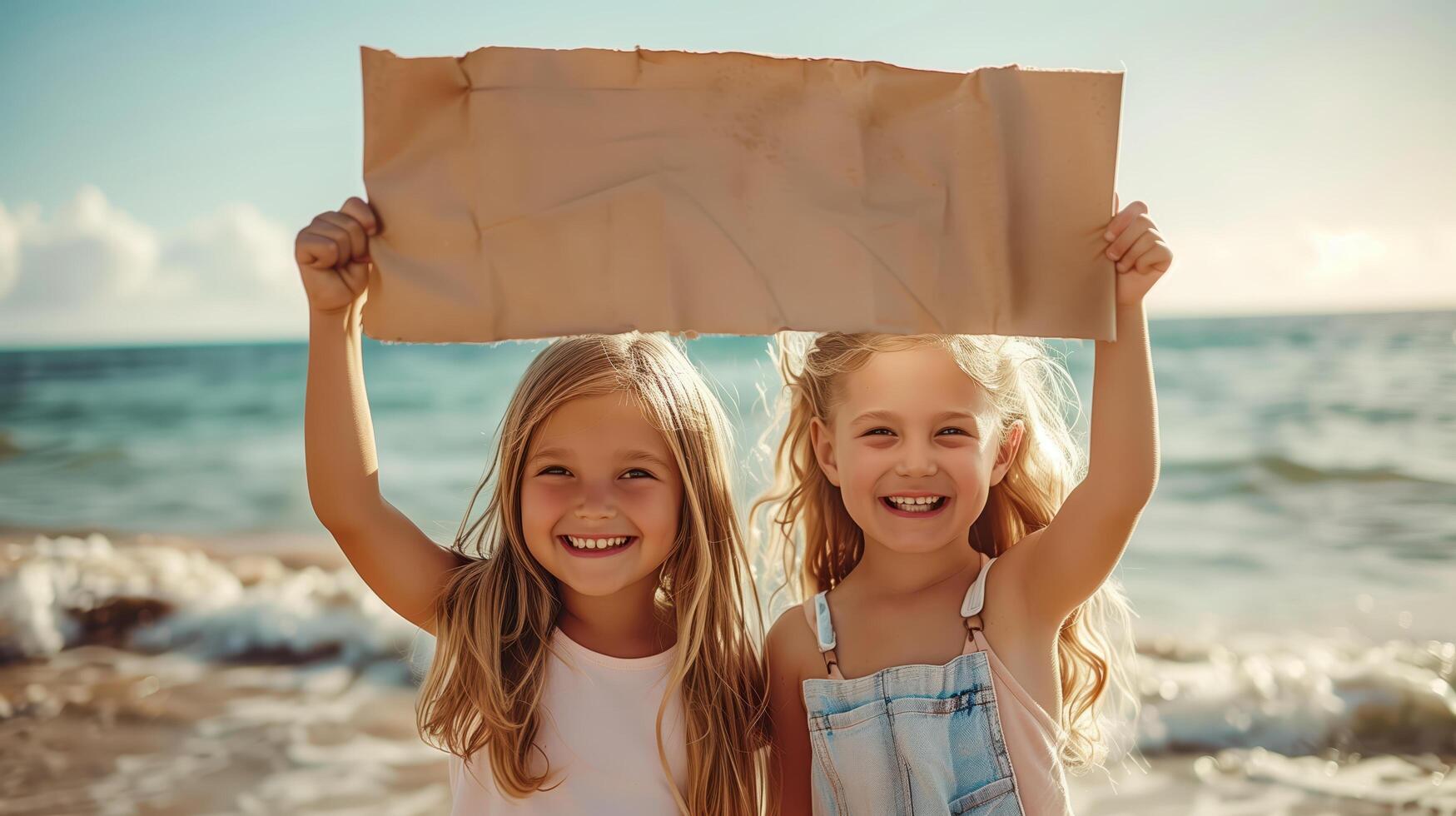 Two Happy Young Girls Holding Up A Banner On The Beach On A Sunny Day photo