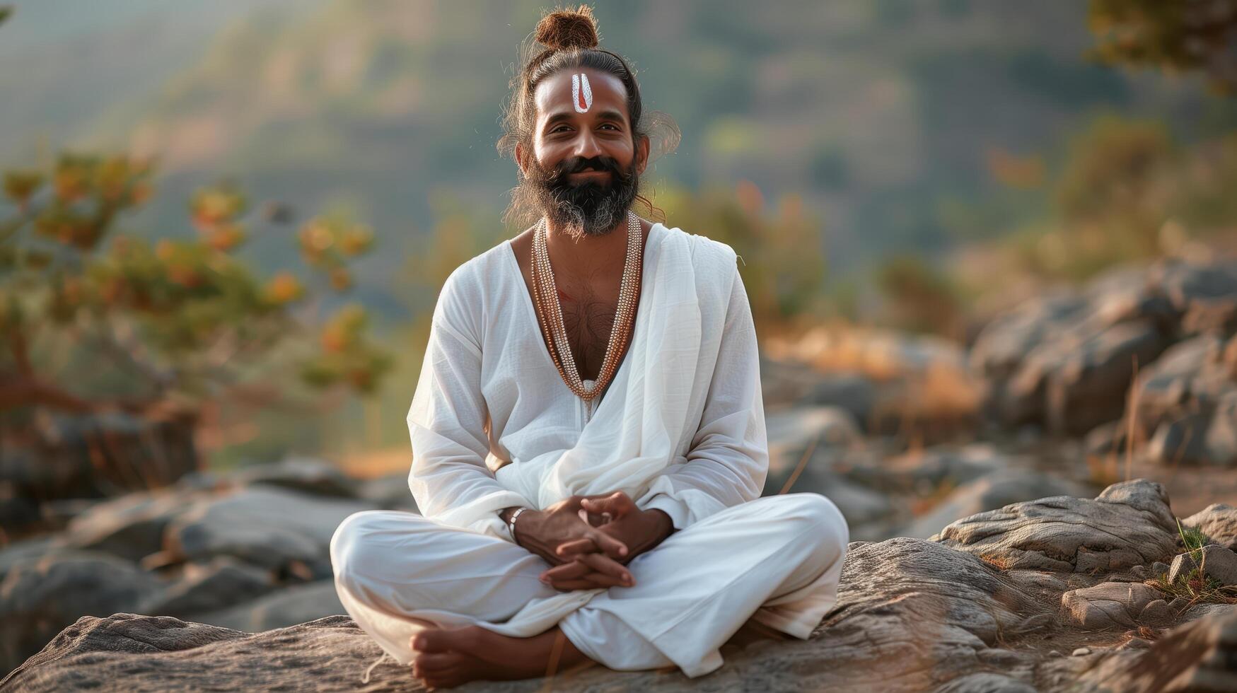 Indian Yogi Meditating Outdoors in Nature, Dressed in Traditional White Attire photo