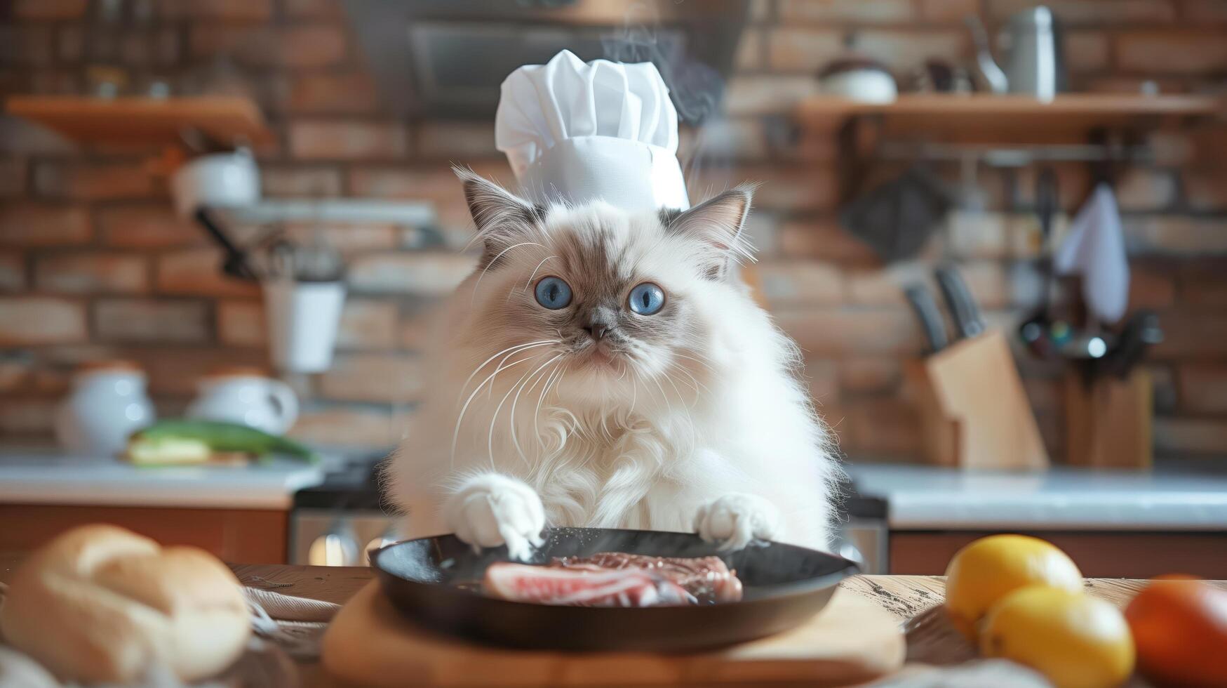 Cute Ragdoll Cat in Chef Hat Cooking with Fresh Ingredients in a Cozy Kitchen photo