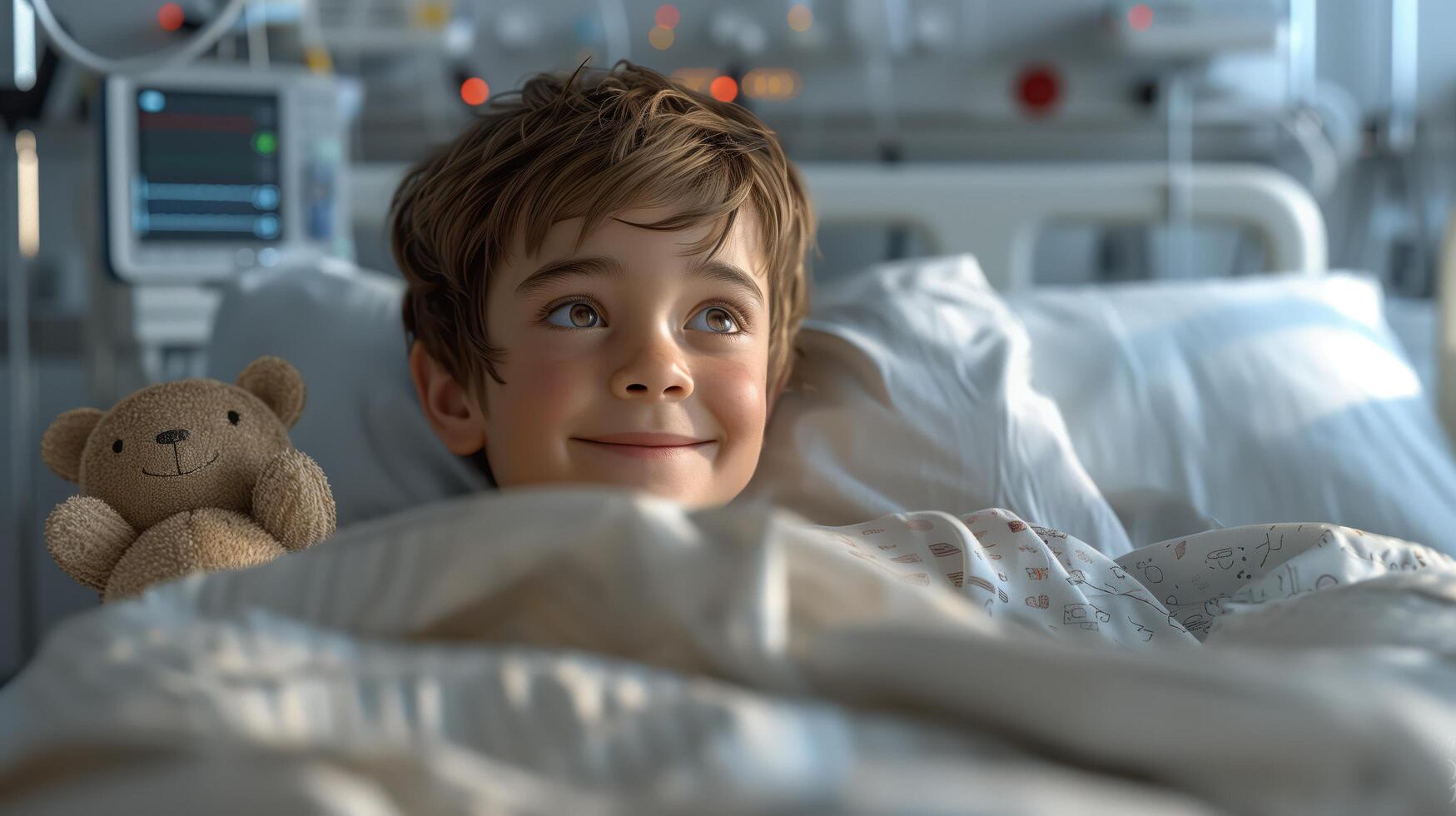 Smiling Boy in Hospital Bed Holding Teddy Bear, Convalescing with Hope and Comfort photo