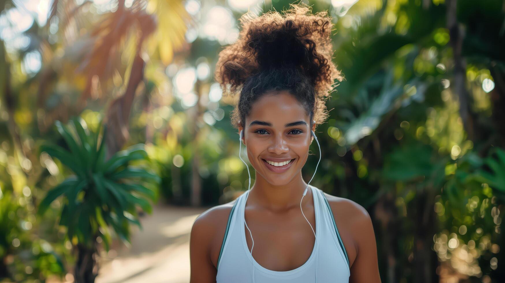 Happy Fit Woman Smiling Outdoors with Headphones in Lush Jungle Setting photo