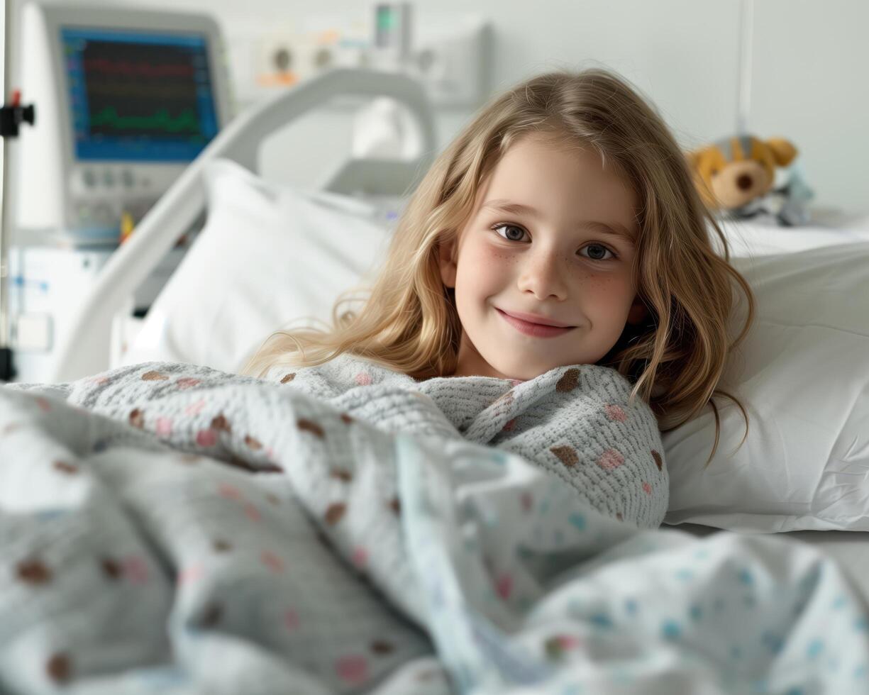 Photorealistic Image of a Young Girl Smiling in a Hospital Bed photo