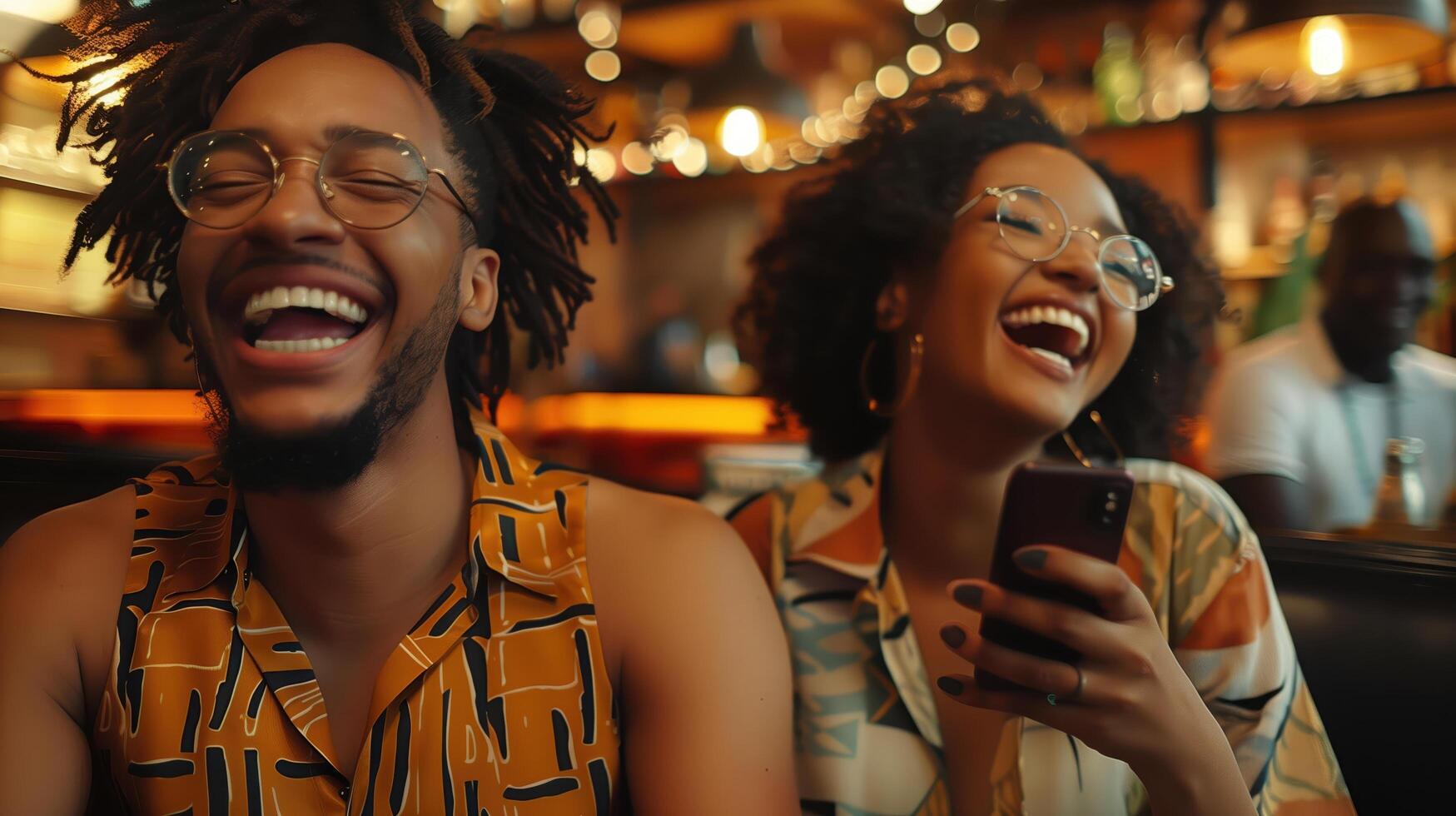Joyful Friends Laughing and Enjoying Time at a Bar in a Warm Ambiance photo