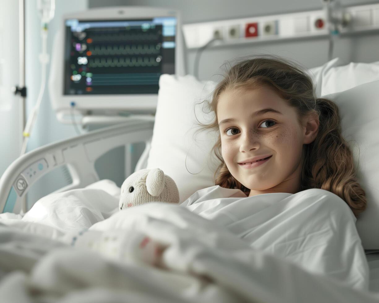 Smiling Young Girl in Hospital Bed with Monitor and Teddy Bear photo