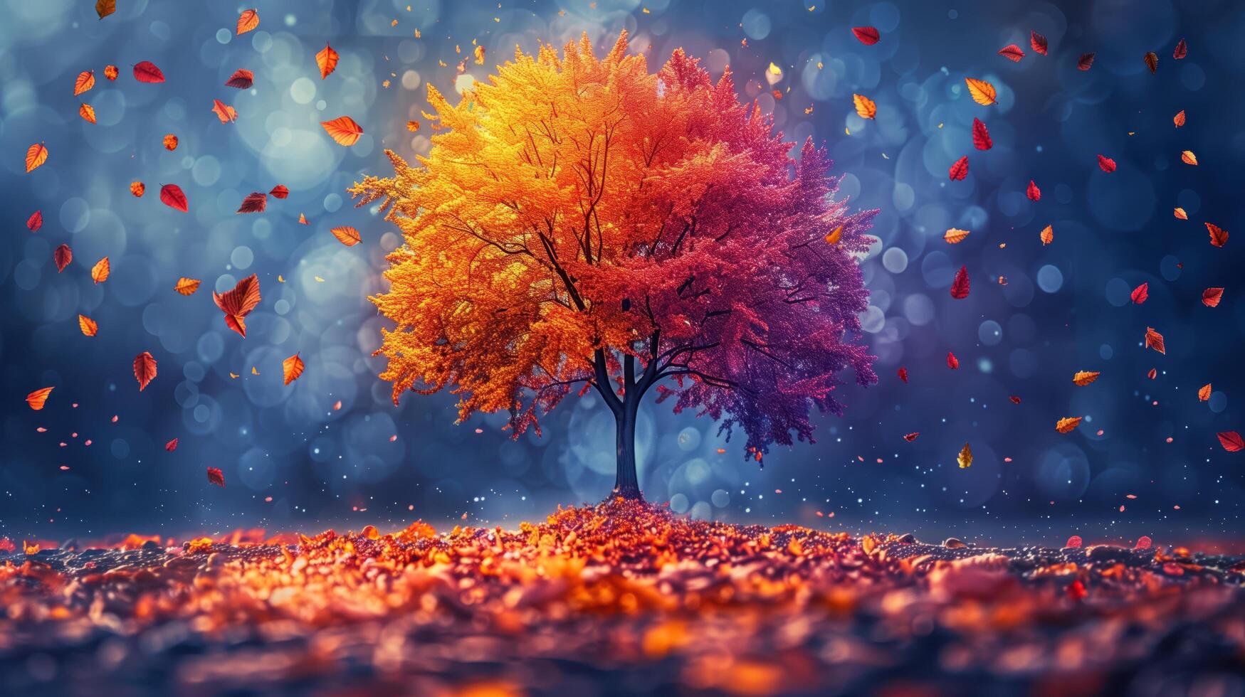 Vibrant Tree with Multi-Coloured Leaves in a Dreamlike Autumn Setting photo