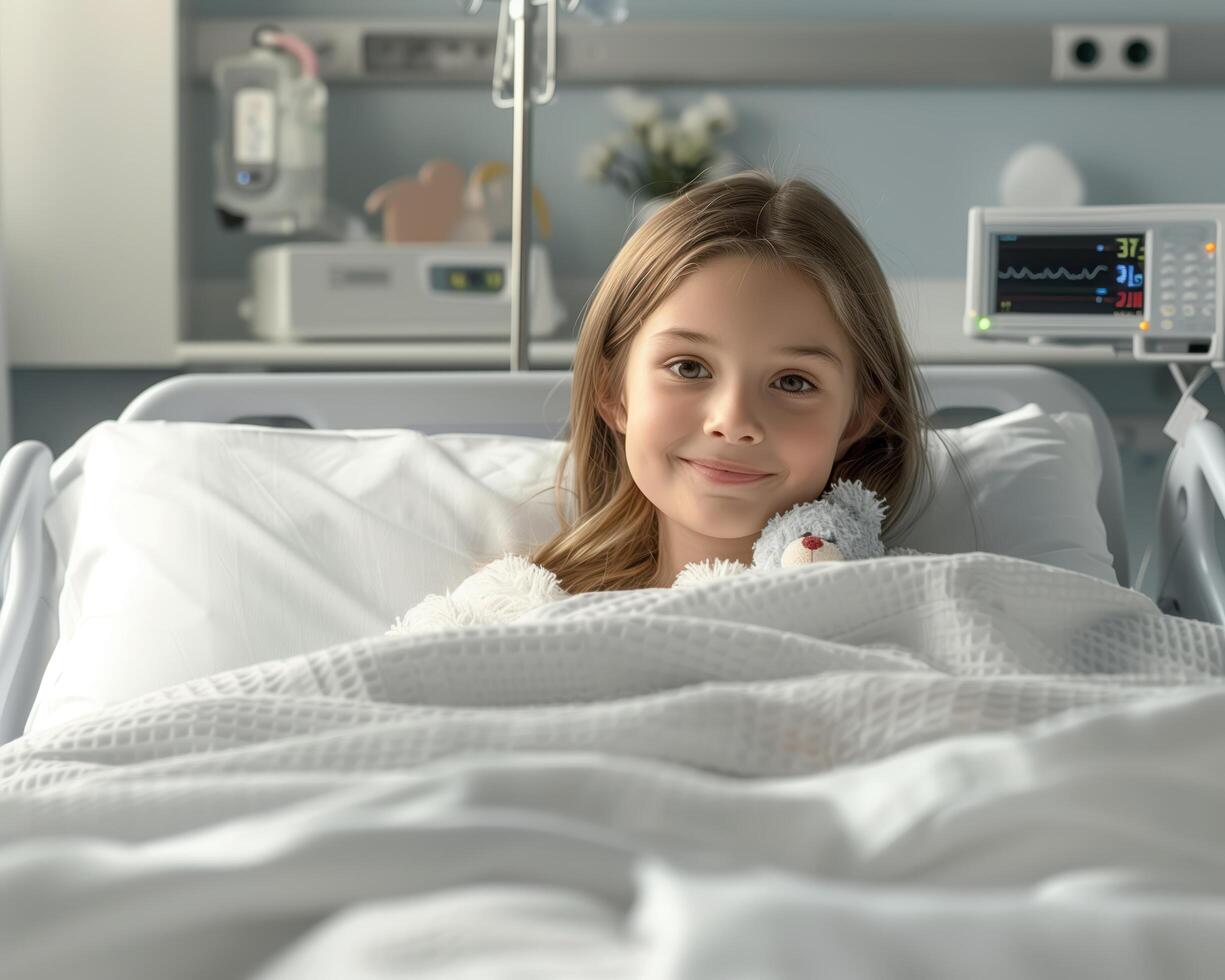 Photorealistic Image of a Young Girl in a Hospital Bed Smiling Comfortably photo