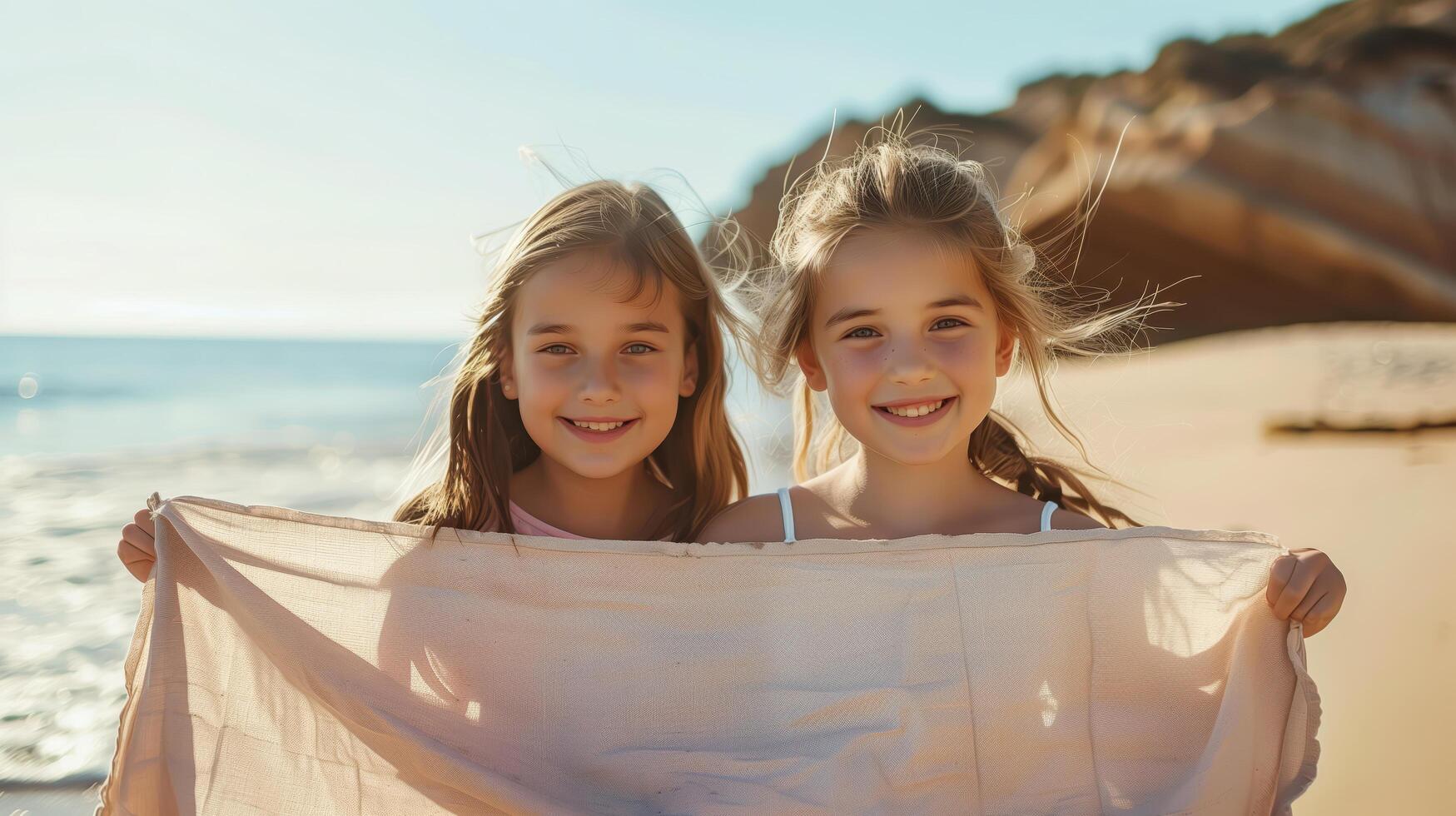 Two Young Girls Holding a Banner Together on a Sunny Beach Day photo