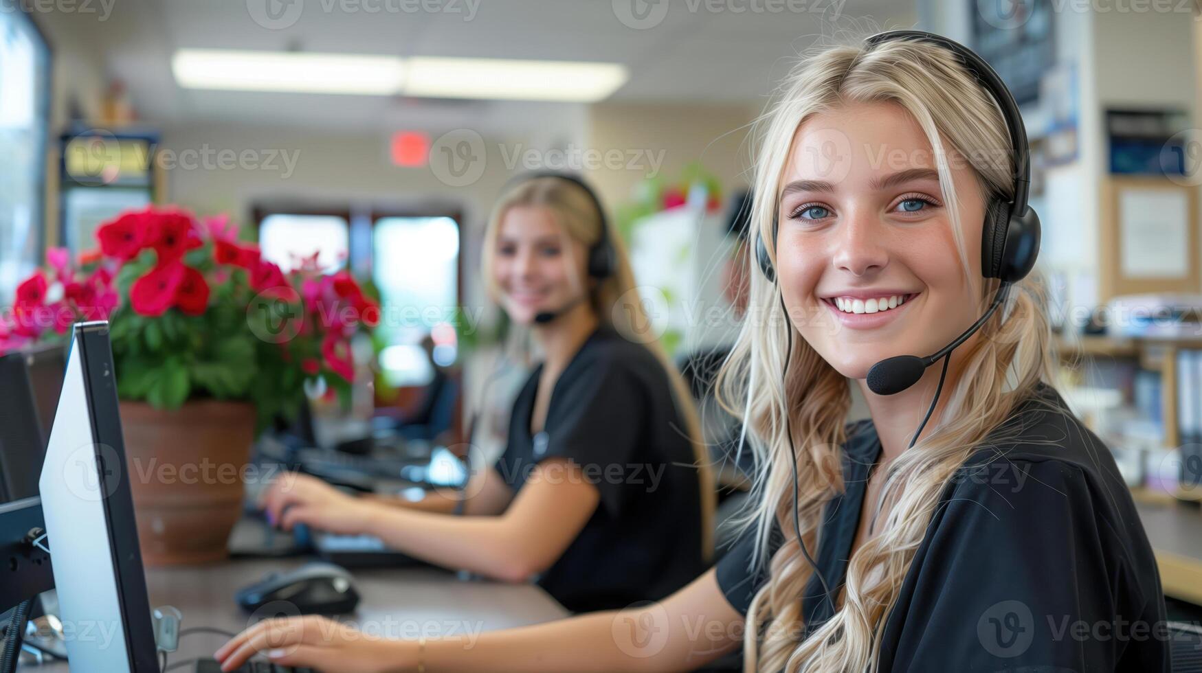Two Beautiful Blonde Women Working as Customer Service Representatives in a Modern Office photo